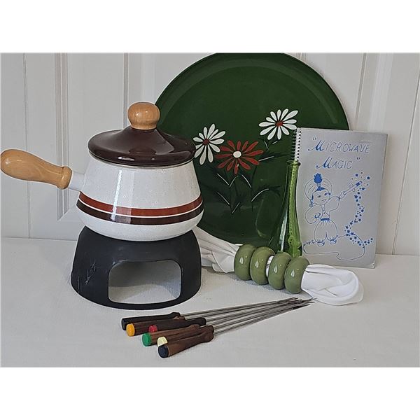 McM Retro Fondue Set with Enamel Pot, Accessories, and Microwave Cookbook