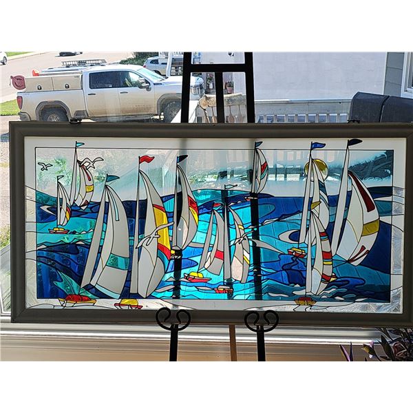 Large Framed Stained Glass Sailboat Scene Panel