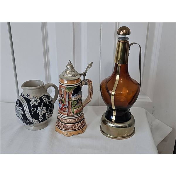 German Stein Musical and working, Stoneware Jug, and Japanese Glass Decanter Music Box Set