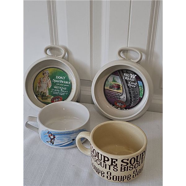 4 Collectible Soup Bowls and Mugs Including Watkins Heritage