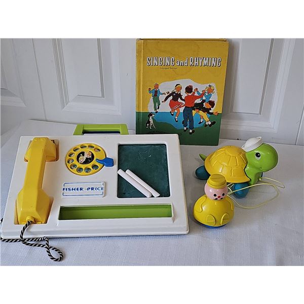 Vintage Fisher-Price Chalkboard Telephone Toy, Turtle Pull Toy, and Singing and Rhyming Book