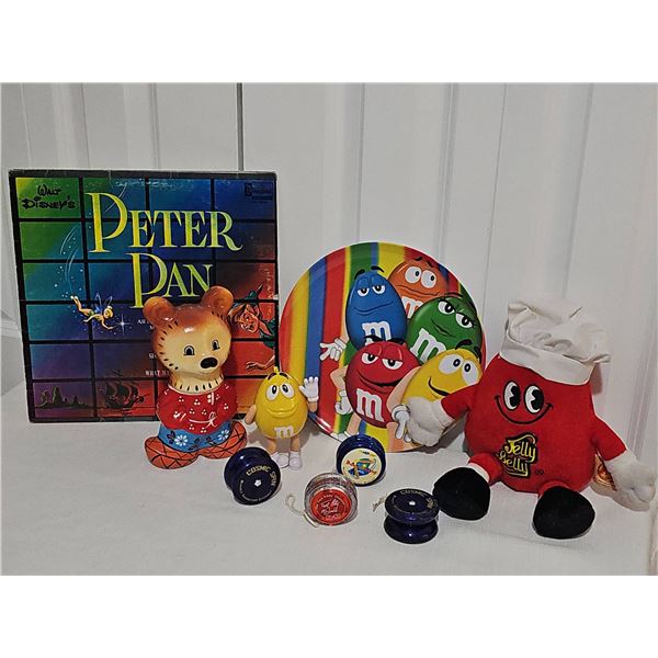 Lot: Peter Pan LP, M&M Plate, Plush & Yo-Yos