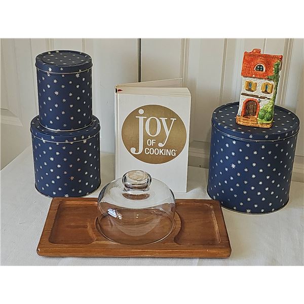 Kitchenware Lot With Joy of Cooking, Tins, Butter Dish, House Bank