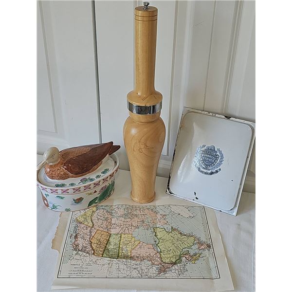 Decorative Duck Tureen, Vintage Canada Map, Peninsular Stove Tray, and Wood Grinder