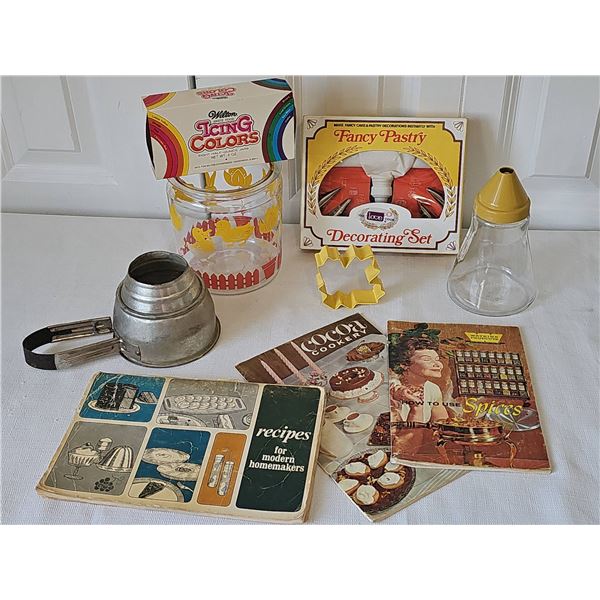 Vintage Baking and Kitchen Lot with Cookbooks and Utensils