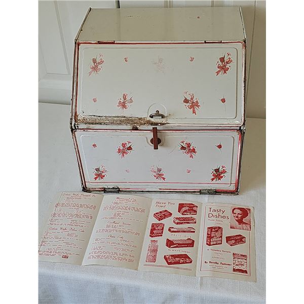 1940s white metal bread box with pie keep and recipe pamphlet