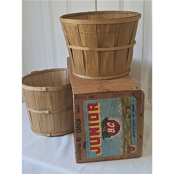 Vintage Apple Baskets and Wooden Junior B.C. Apple Crate 1/2 Bushell