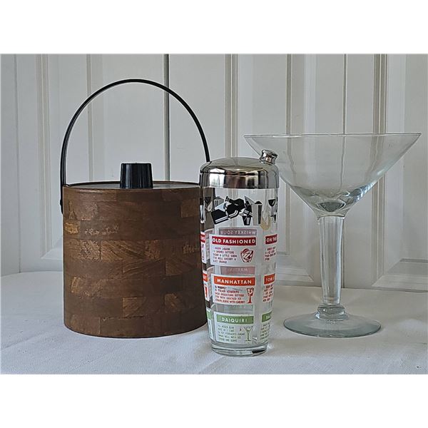 Barware Lot: 1950s Glass Shaker, GIANT Martini Glass, Faux Wood Ice Bucket