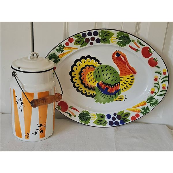 Enamelware Turkey Platter and Lidded Canister Set