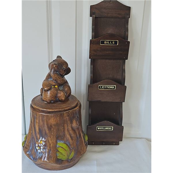 Bear Cookie Jar and Wooden Wall Mail Organizer