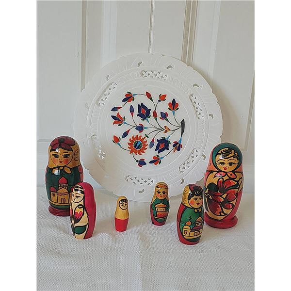 Russian Nesting Dolls and Decorative Marble Plate
