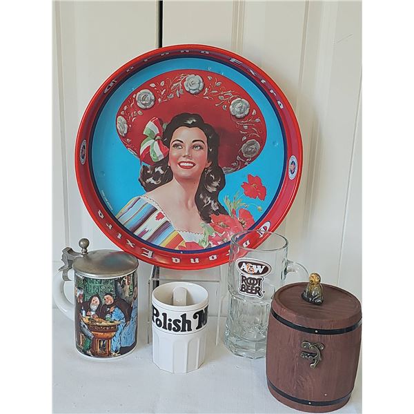 Beer Decor Lot: Corona Tray, Steins, Glass, Barrel, Polish Mug