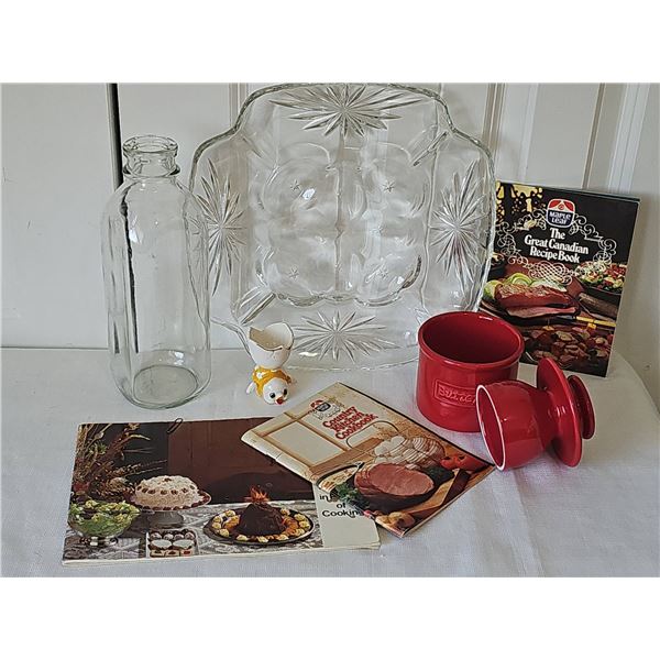 Devilled Egg Tray, Milk Bottle, Cookbooks, Butter Crock/Bell
