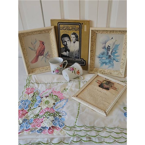 Lot: Framed Bird Art, China Mugs, Casablanca Book, Embroidered Linen