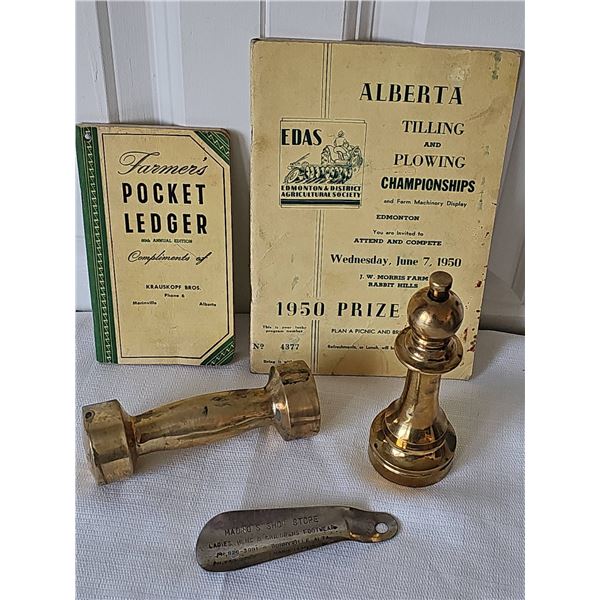 Alberta Collectibles Including Brass Paperweight Bottle opener and Paper Ephemera