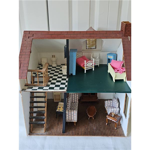Vintage Hand Made Wooden Dollhouse With Furniture and Accessories