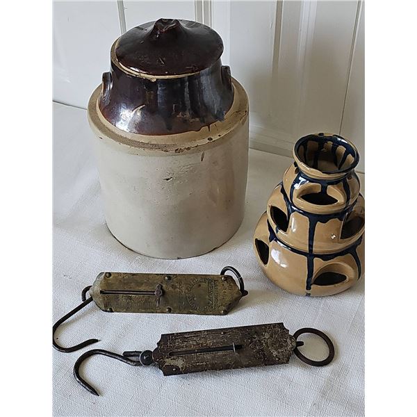 Stoneware Pickle Crock, Strawberry Pot, and Two Hanging Store Scales