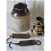 Image 1 : Stoneware Pickle Crock, Strawberry Pot, and Two Hanging Store Scales