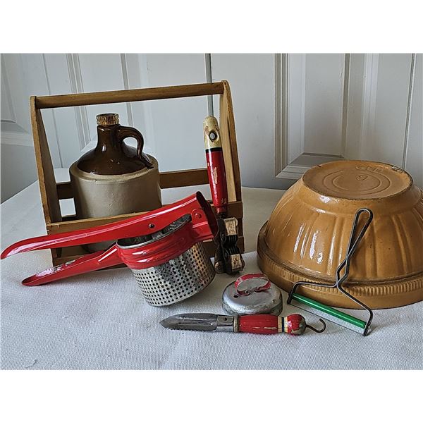 1940s Kitchen Tools and GLM Stoneware Mixing Bowl