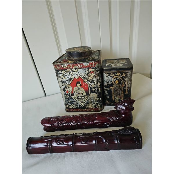 Asian Metal Tea Tins with Lacquered Bamboo Chopstick Sets
