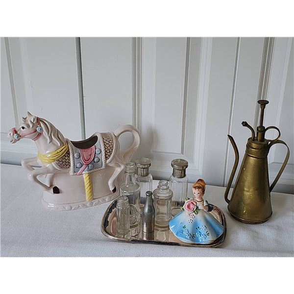 A Ladies Decor Lot: Ceramic Horse, Joesef Girl, Glass Bottles, Brass Jug