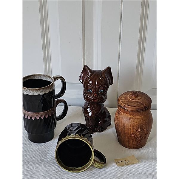 1970s hand carved Wood Tobacco Jar, Japanese Dog Figurine, and Three Ceramic Mugs