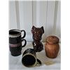 Image 1 : 1970s hand carved Wood Tobacco Jar, Japanese Dog Figurine, and Three Ceramic Mugs