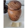 Image 2 : 1970s hand carved Wood Tobacco Jar, Japanese Dog Figurine, and Three Ceramic Mugs