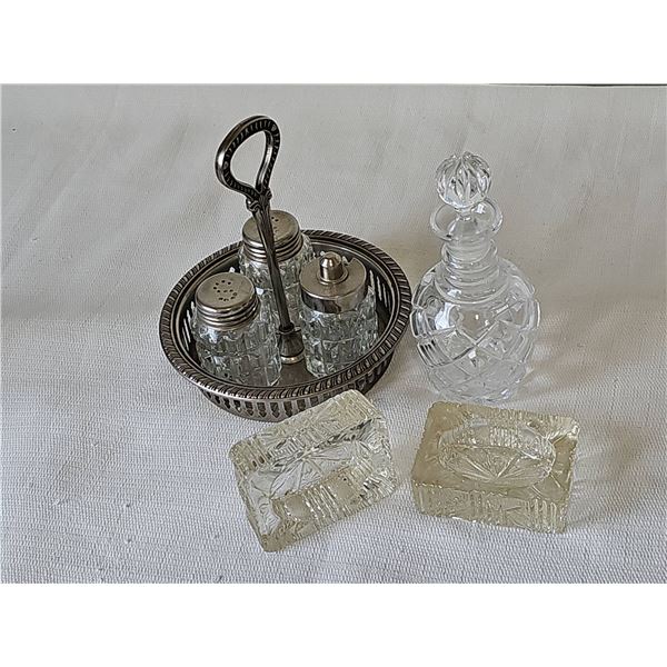 Pressed Glass Condiment Set With Silverplate Caddy and Crystal Decanter and pair of ashtrays