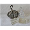 Image 1 : Pressed Glass Condiment Set With Silverplate Caddy and Crystal Decanter and pair of ashtrays