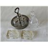Image 7 : Pressed Glass Condiment Set With Silverplate Caddy and Crystal Decanter and pair of ashtrays