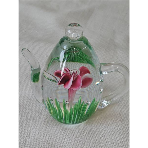 Glass Art Teapot Paperweight with Pink Flower Design