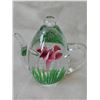 Image 1 : Glass Art Teapot Paperweight with Pink Flower Design