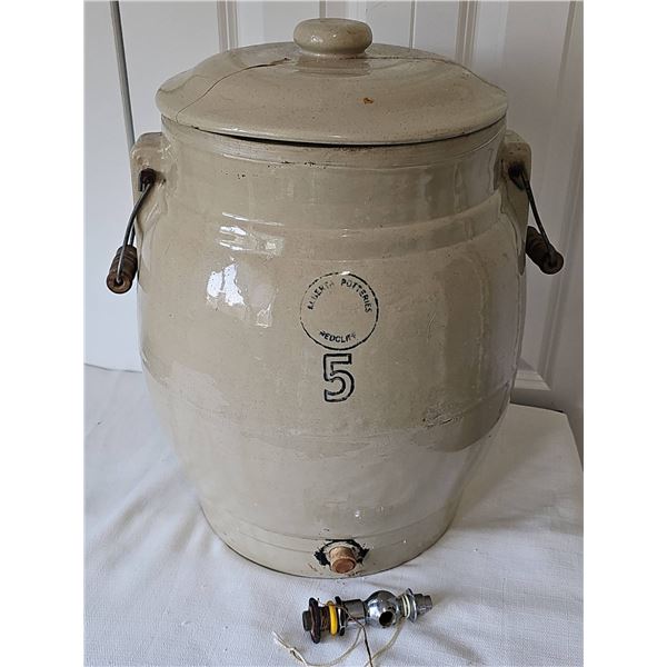 Antique Medalta Alberta Potteries Redcliff No. 5 Water Crock with Repaired Lid