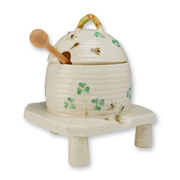 Belleek Parian Porcelain Shamrock Pattern Beehive Honey Pot with Attached Base and Dipper