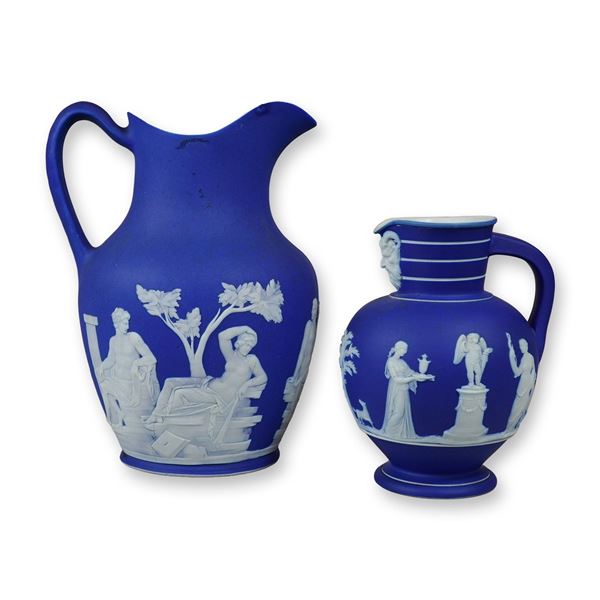 2pc Wedgwood Cobalt Blue Jasperware Dip Pitchers with Classical Relief Decoration