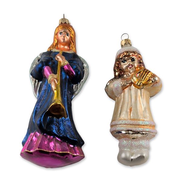 Two Christopher Radko Hand Blown Glass Angel Christmas Ornaments