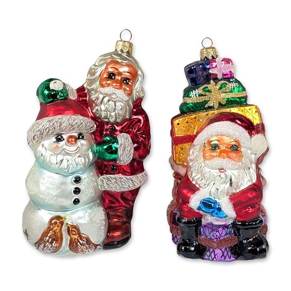 2pc Christopher Radko Blown Glass Santa Ornaments