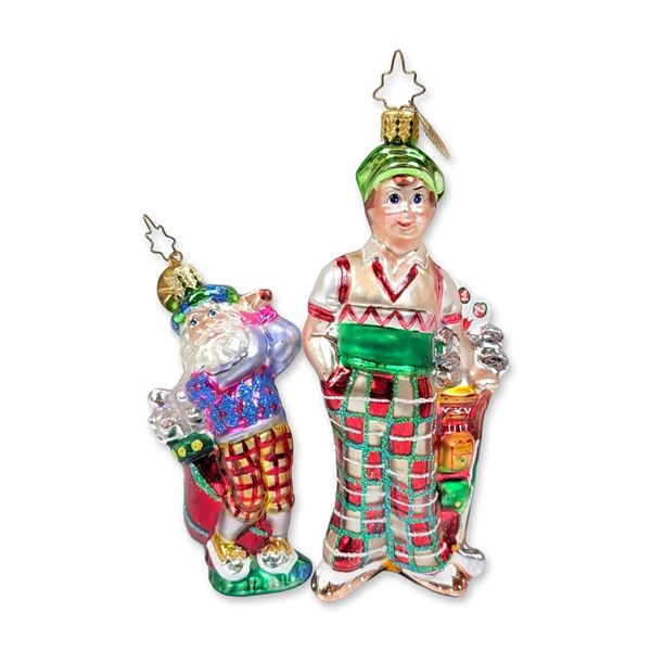 2pc Christopher Radko Golfing Santa and Caddy Glass Ornaments