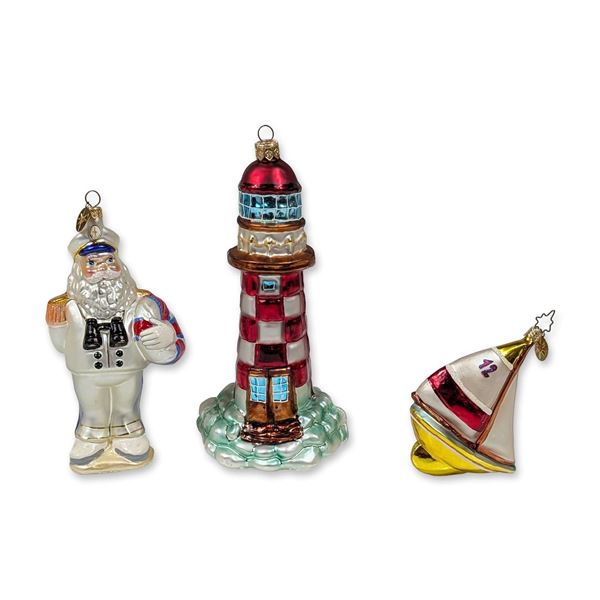 Three Christopher Radko Nautical Theme Glass Ornaments