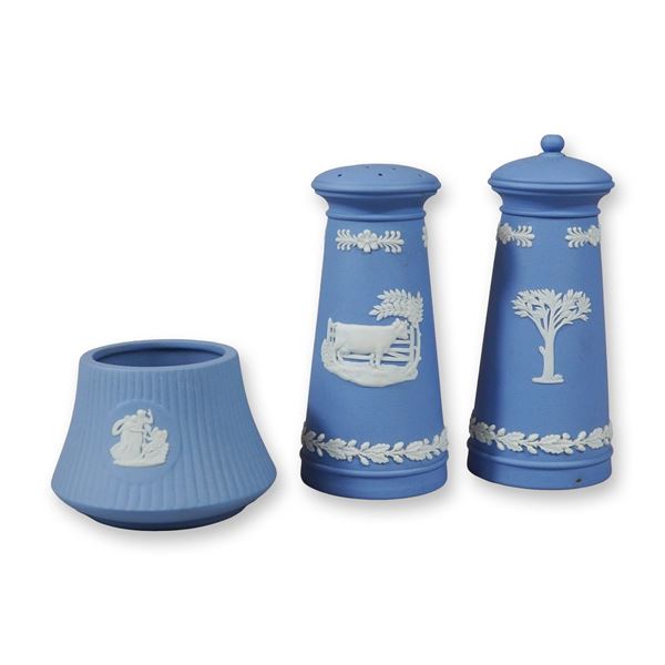3pc Wedgwood Blue Jasperware Shakers and Salt Cellar