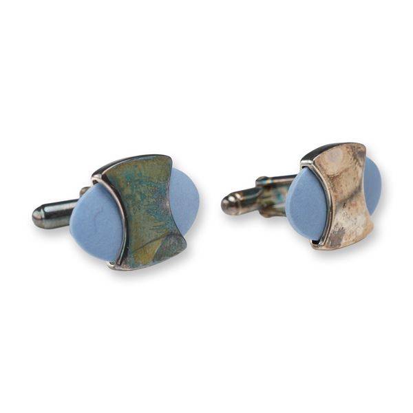 Pair of Wedgwood Sterling Silver and Blue Jasperware Modernist Cufflinks