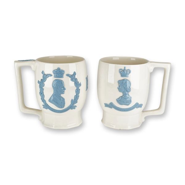 2pc Wedgwood Embossed Queen's Ware 1953 Coronation Mugs