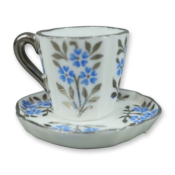 Wedgwood Bone China Miniature Teacup and Saucer in Silver Luster Forget-Me-Not Pattern