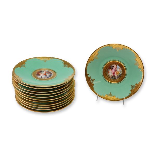 A Set of Twelve Carlsbad Czechoslovakia Hand-Painted Porcelain Dessert Plates