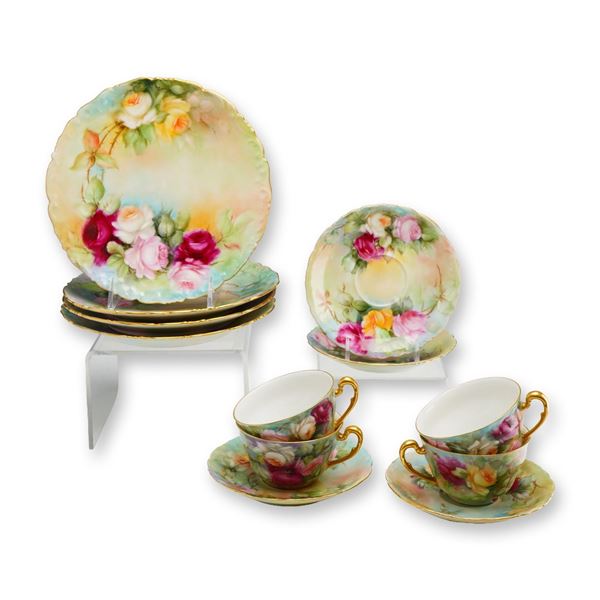 12pc T&V Limoges France Porcelain Dessert Service for Four- Plates, Cups and Saucers