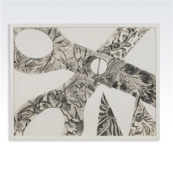 Framed Pastel & Graphite Drawing of Scissors w/ Botanical Designs