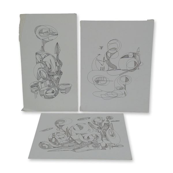 3pc Alfonso Rendon aka Masplata (Panamanian, 1957 - 2025), Pen Sketch on Board, Wiseman & Figuras