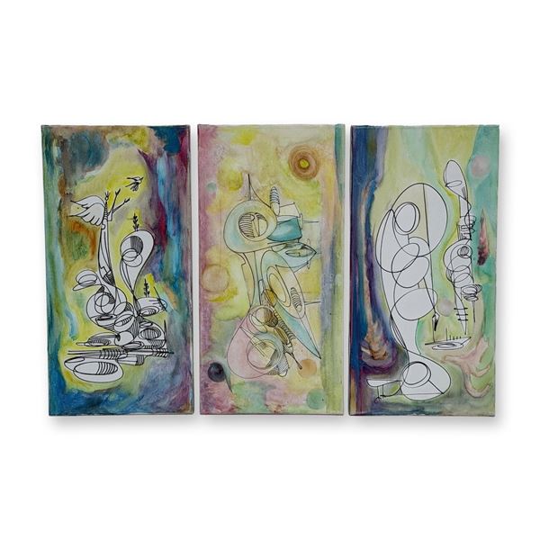 3pc Alfonso Rendon aka Masplata (Panamanian, 1957 - 2025), Watercolor with Pen on Canvas, Angels and