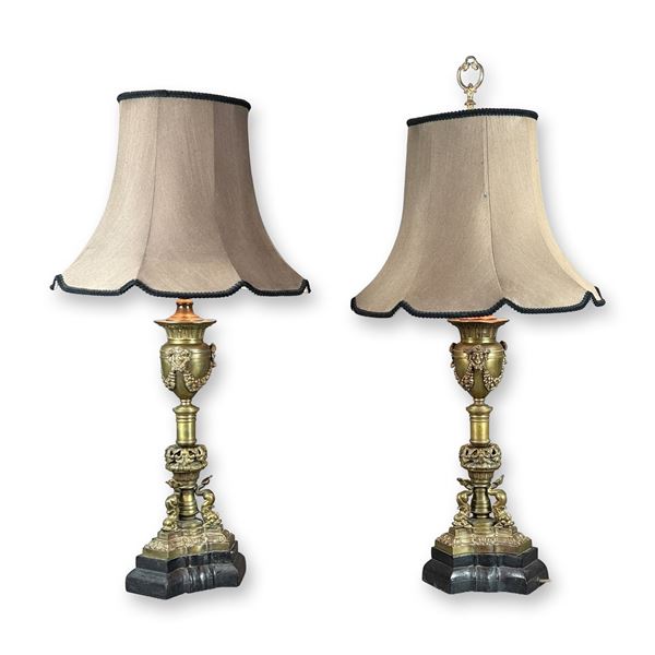 Pair of Neoclassical Style Gilt Metal Urn Form Table Lamps with Shades